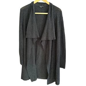 EILEEN FISHER | Black Merino Wool Sparkle Long Open Front Cardigan | Extra Small